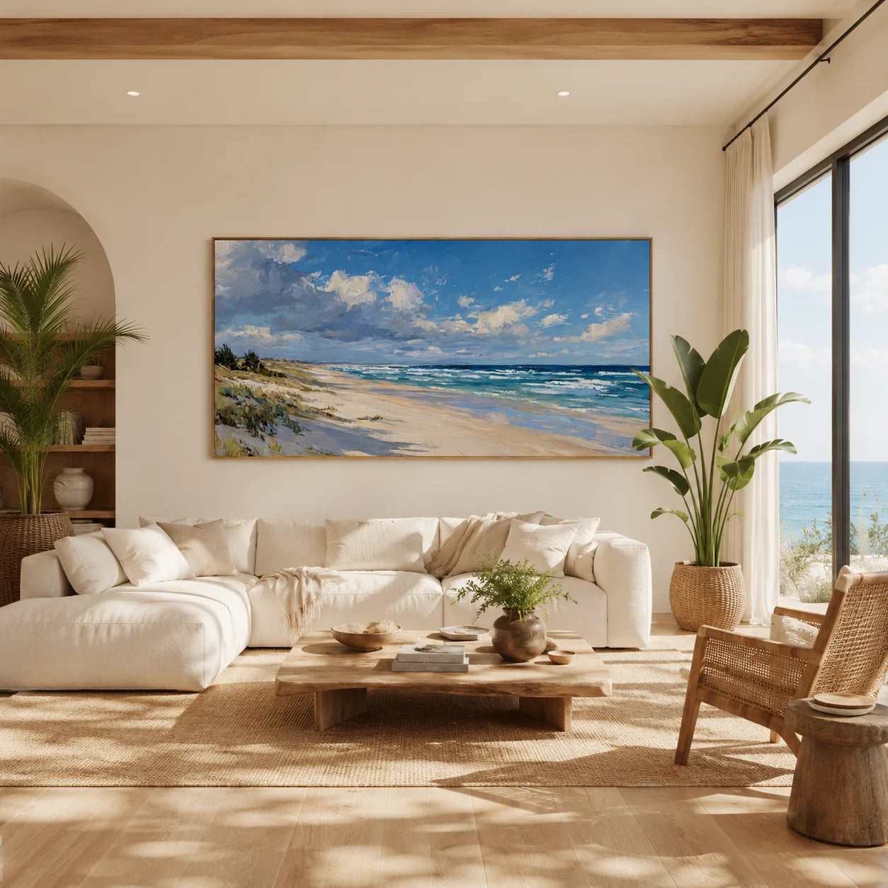 Ownanart Hand-Painted Coastal Seascape Oil Painting – Blue Sky, White Clouds, Ocean Waves and Sandy Beach Panoramic Wall Art # OA 1244