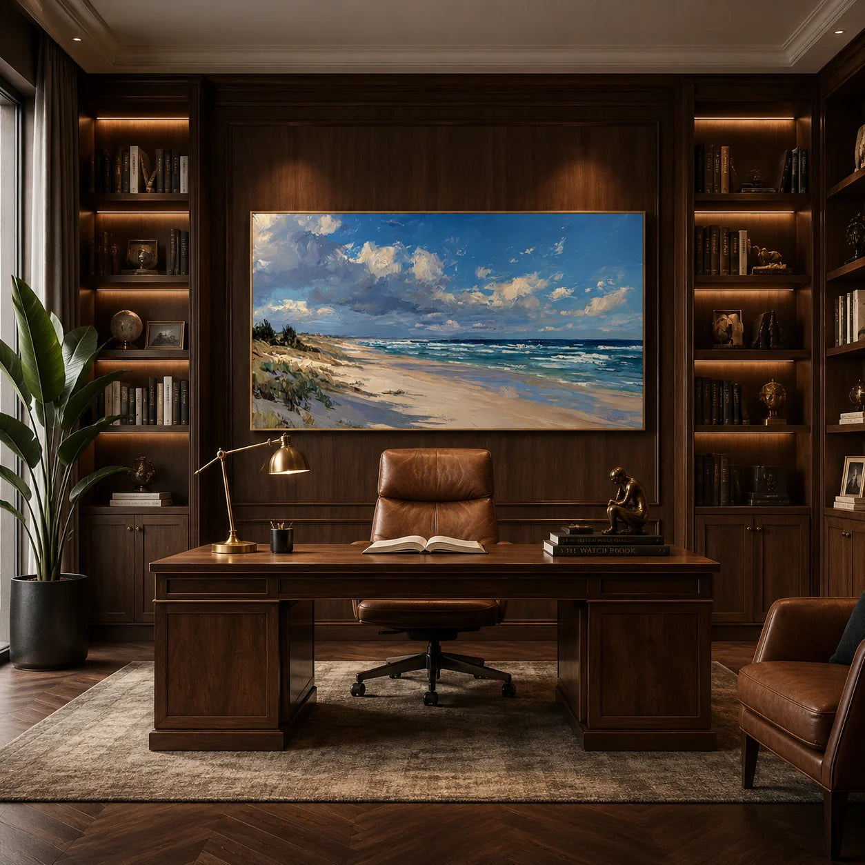 Ownanart Hand-Painted Coastal Seascape Oil Painting – Blue Sky, White Clouds, Ocean Waves and Sandy Beach Panoramic Wall Art # OA 1244
