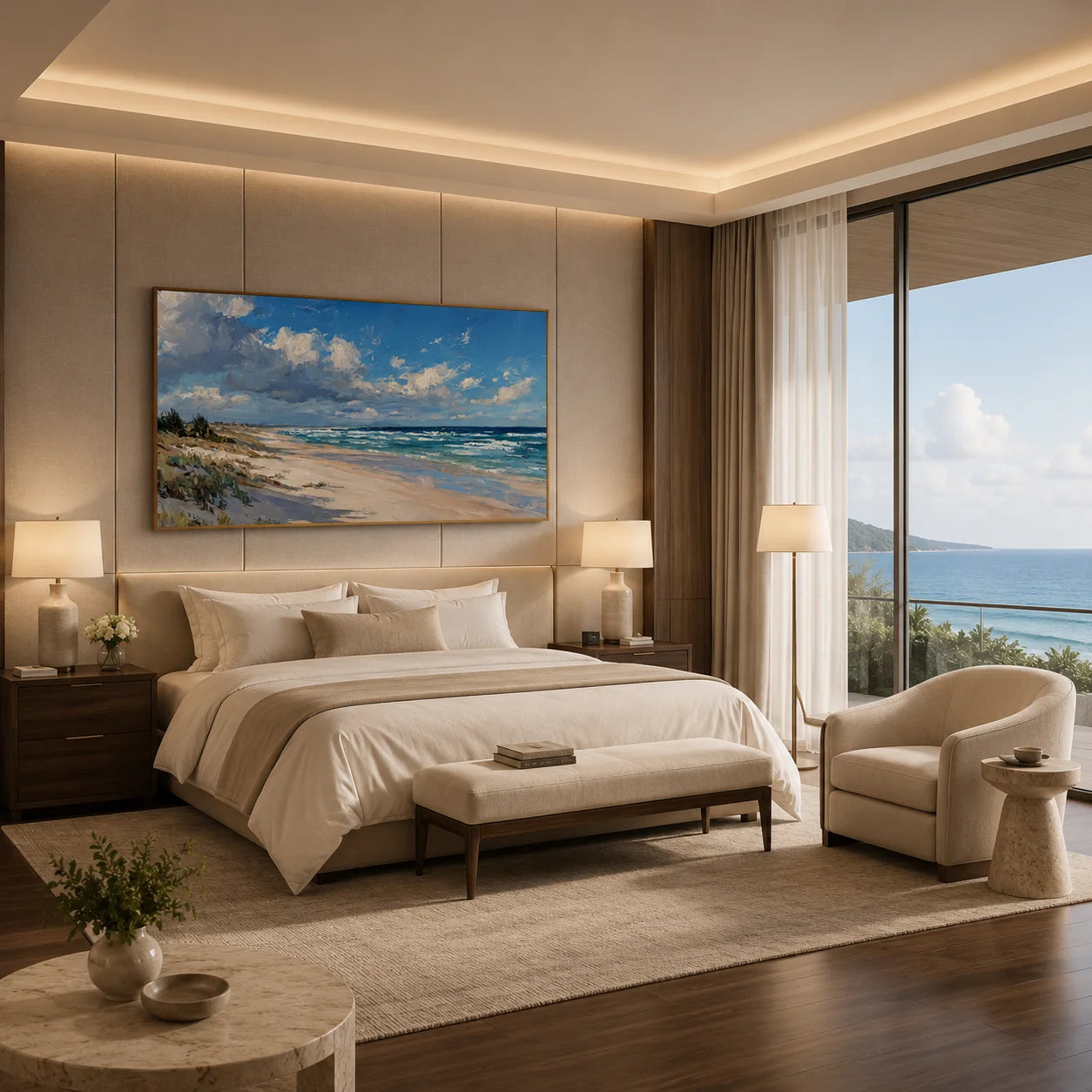Ownanart Hand-Painted Coastal Seascape Oil Painting – Blue Sky, White Clouds, Ocean Waves and Sandy Beach Panoramic Wall Art # OA 1244