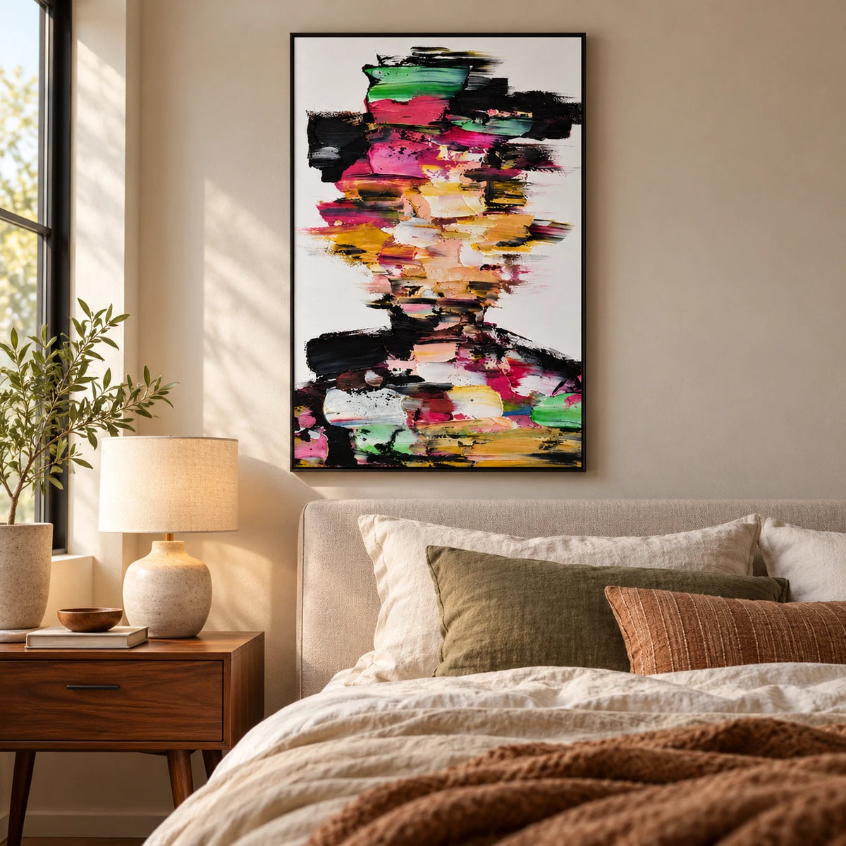 Ownanart Hand-Painted Colorful Abstract Faceless Portrait in Pink Green and Gold Oil Painting – Modern Figurative Art, 3D Textured Vertical Impasto Canvas Wall Art for Living Room Bedroom Entryway and Office #OA 1586
