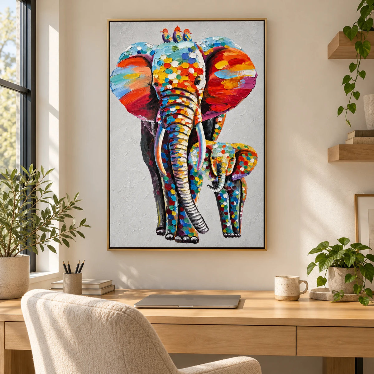 Ownanart Hand-Painted Colorful Mother and Baby Elephant with Three Birds Oil Painting – Modern Animal Art, 3D Textured Vertical Impasto Canvas Wall Art for Living Room Bedroom Entryway and Office #OA 1587