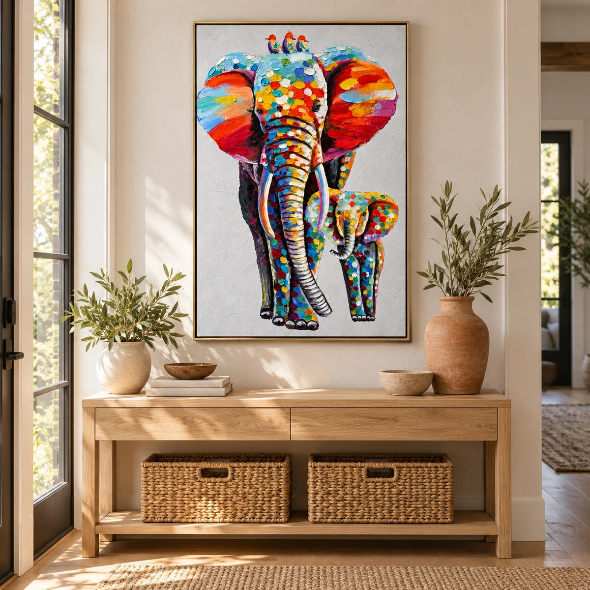 Ownanart Hand-Painted Colorful Mother and Baby Elephant with Three Birds Oil Painting – Modern Animal Art, 3D Textured Vertical Impasto Canvas Wall Art for Living Room Bedroom Entryway and Office #OA 1587