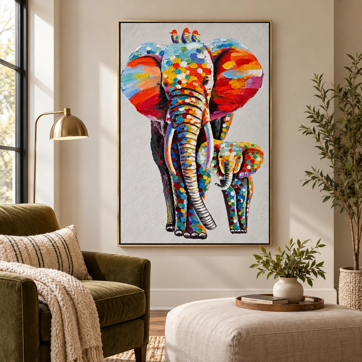 Ownanart Hand-Painted Colorful Mother and Baby Elephant with Three Birds Oil Painting – Modern Animal Art, 3D Textured Vertical Impasto Canvas Wall Art for Living Room Bedroom Entryway and Office #OA 1587