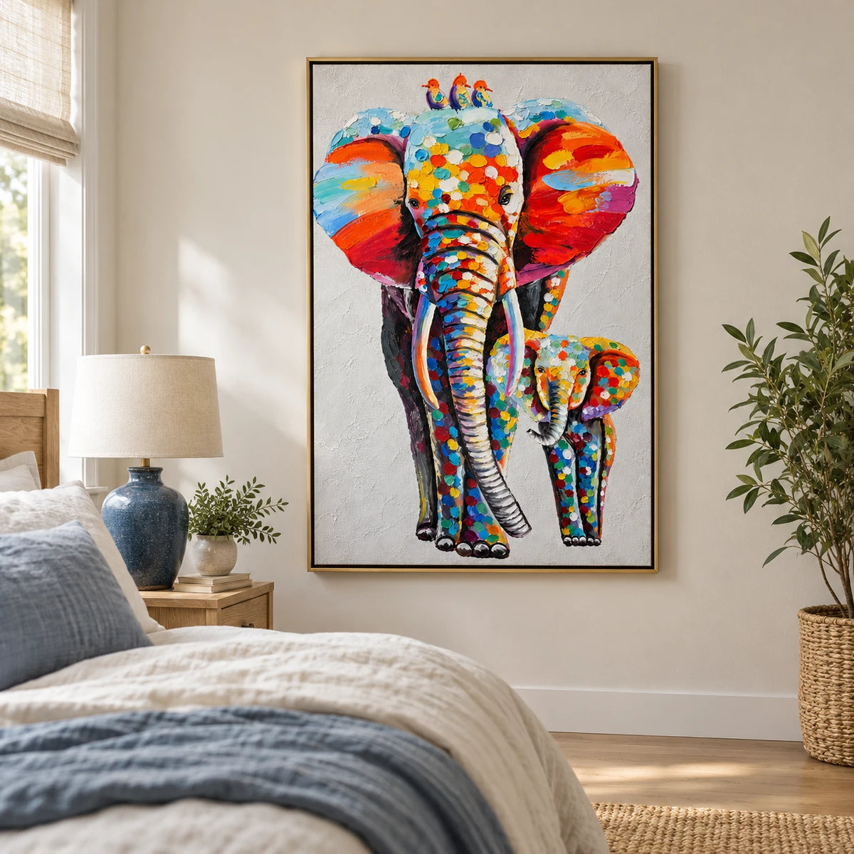 Ownanart Hand-Painted Colorful Mother and Baby Elephant with Three Birds Oil Painting – Modern Animal Art, 3D Textured Vertical Impasto Canvas Wall Art for Living Room Bedroom Entryway and Office #OA 1587