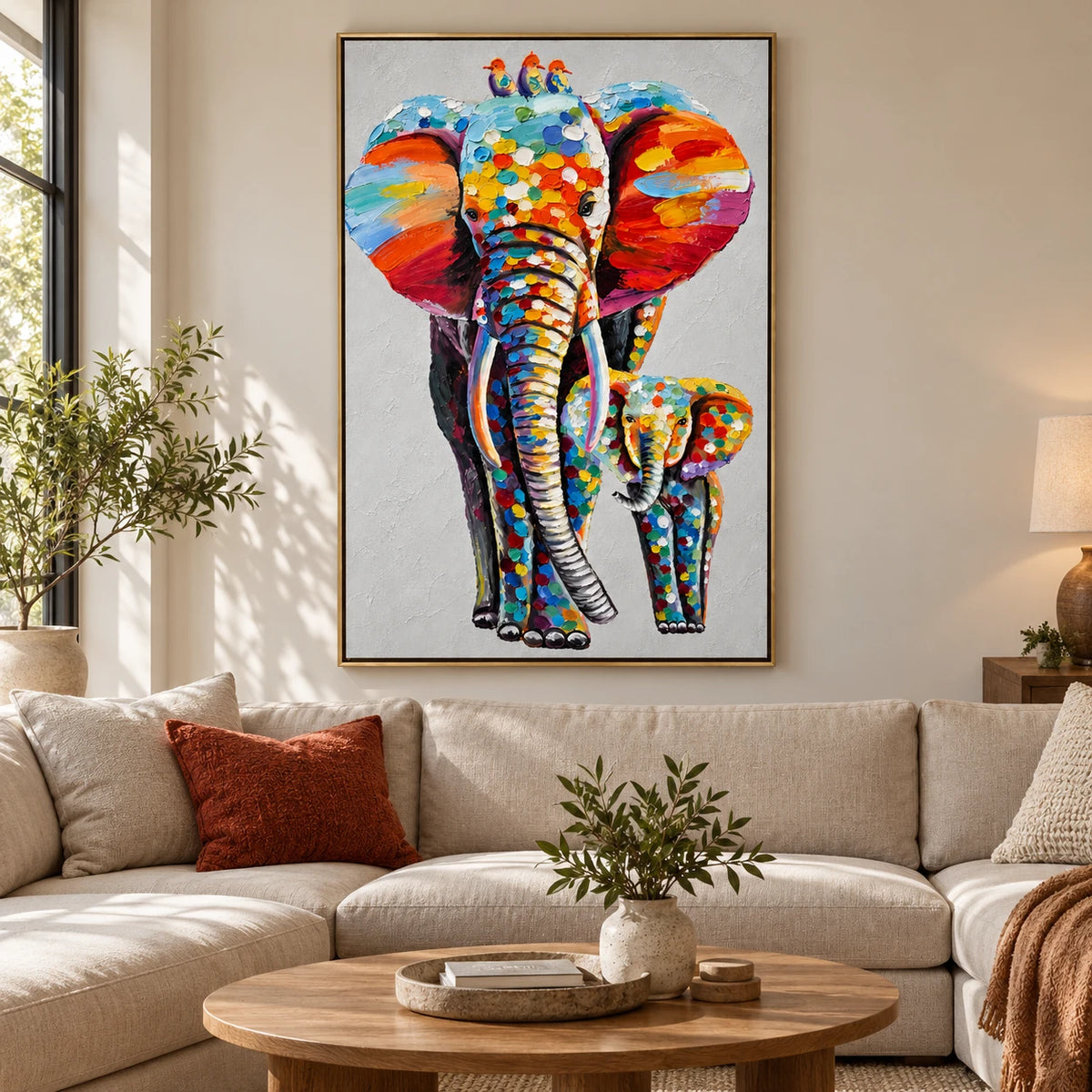 Ownanart Hand-Painted Colorful Mother and Baby Elephant with Three Birds Oil Painting – Modern Animal Art, 3D Textured Vertical Impasto Canvas Wall Art for Living Room Bedroom Entryway and Office #OA 1587