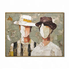 Hand-Painted Couple Hat Portrait Oil Painting | Modern Abstract Figurative Wall Art with Textured Minimalist Style#OA1025