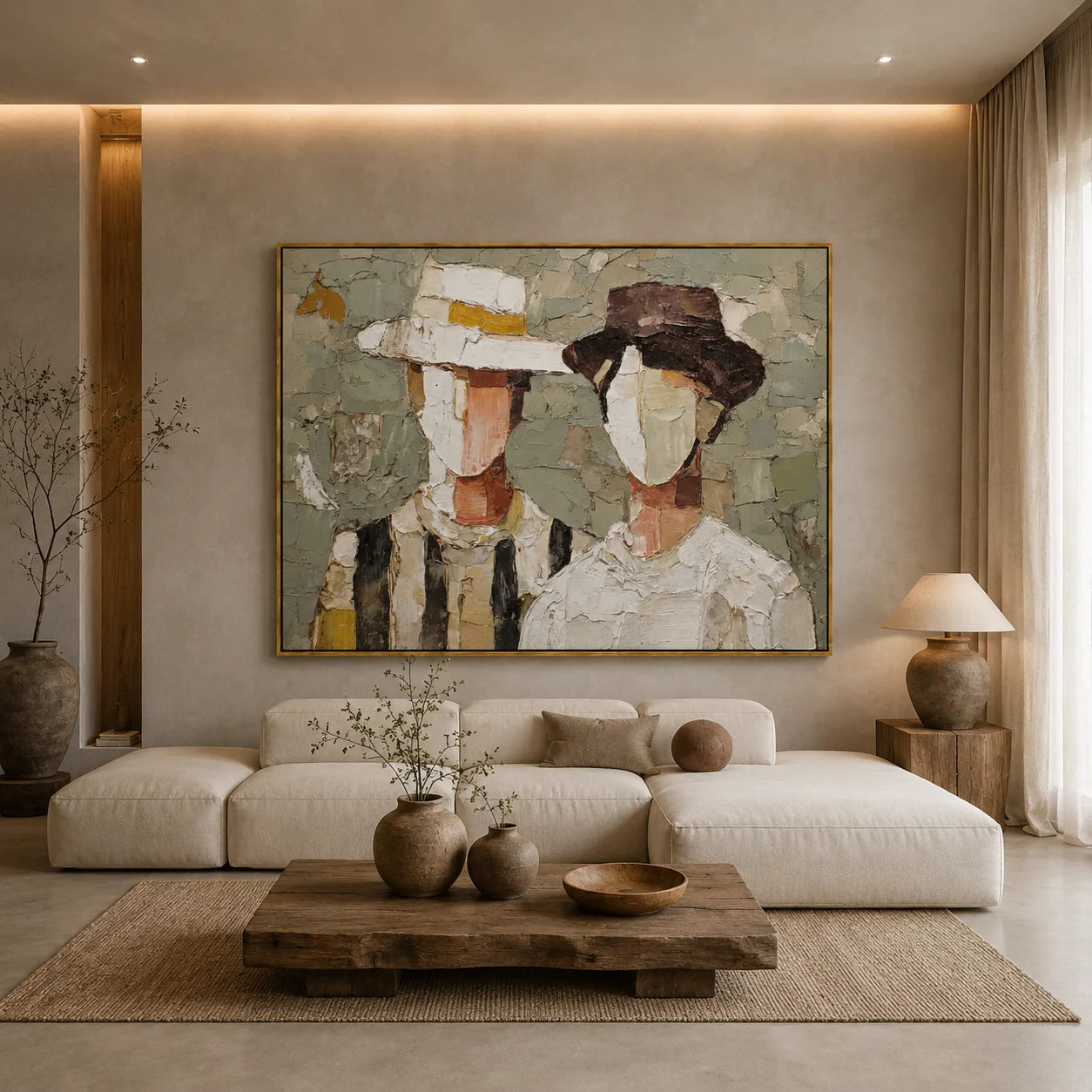 Hand-Painted Couple Hat Portrait Oil Painting | Modern Abstract Figurative Wall Art with Textured Minimalist Style#OA1025