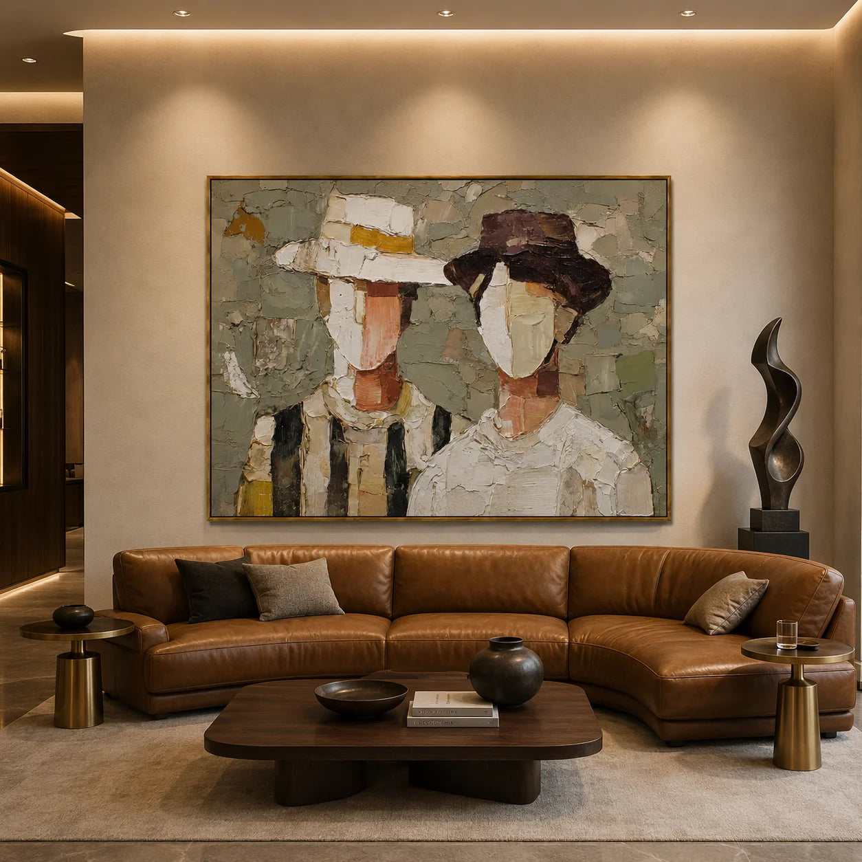 Hand-Painted Couple Hat Portrait Oil Painting | Modern Abstract Figurative Wall Art with Textured Minimalist Style#OA1025