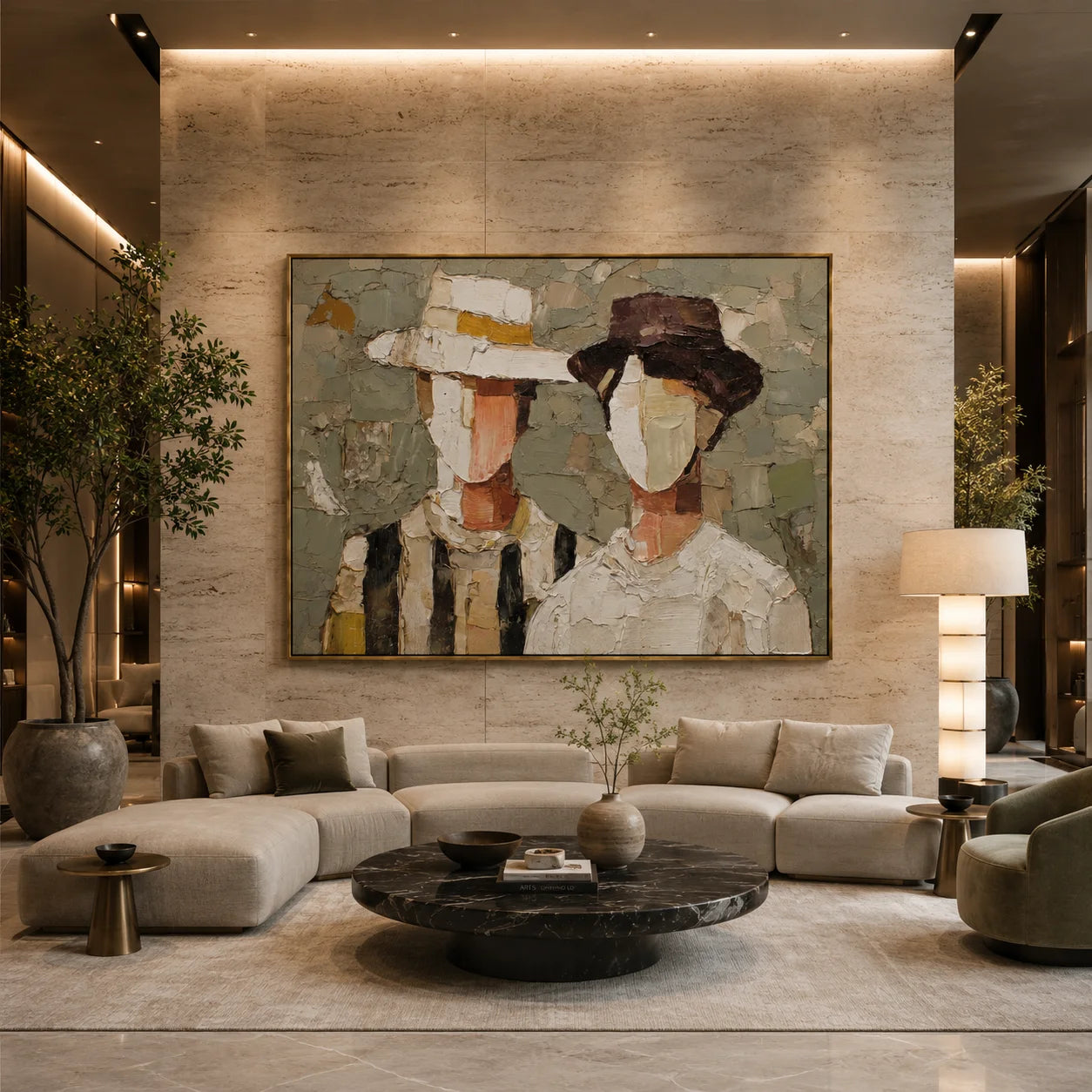 Hand-Painted Couple Hat Portrait Oil Painting | Modern Abstract Figurative Wall Art with Textured Minimalist Style#OA1025