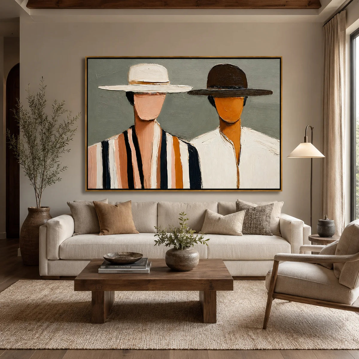 Hand-Painted Couple Portrait Oil Painting, Textured Horizontal Figurative Wall Art for Modern Home Decor