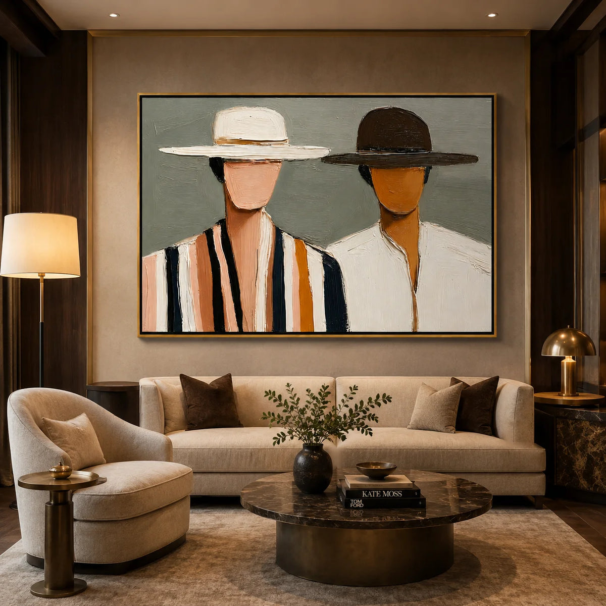 Hand-Painted Couple Portrait Oil Painting, Textured Horizontal Figurative Wall Art for Modern Home Decor#OA 0917