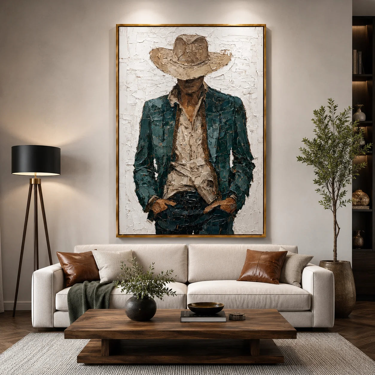 Hand-Painted Cowboy Portrait Oil Painting, Textured Western Figure Wall Art for Modern Rustic Home Decor#OA 0993