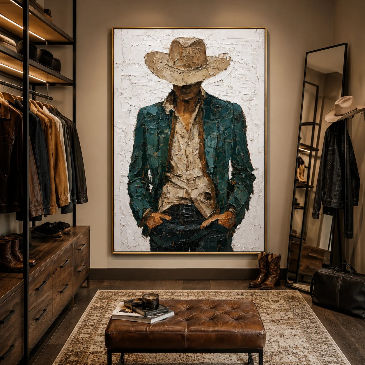 Hand-Painted Cowboy Portrait Oil Painting, Textured Western Figure Wall Art for Modern Rustic Home Decor#OA 0993
