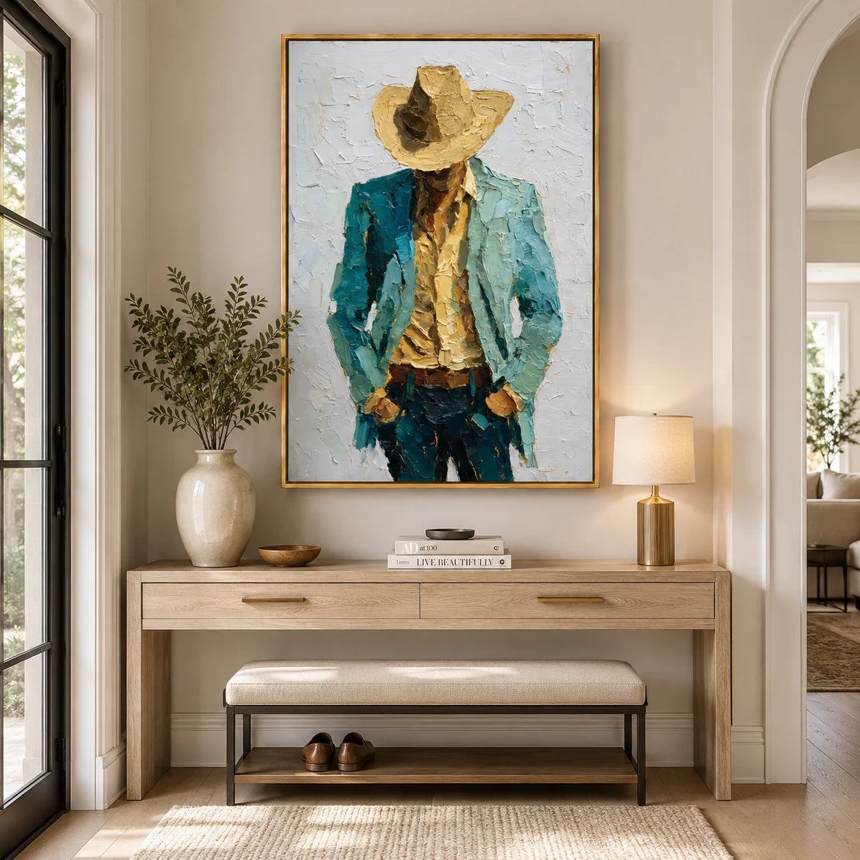 Hand-Painted Cowboy Portrait Oil Painting, Textured Western Wall Art for Modern Rustic Home Decor#OA 0994