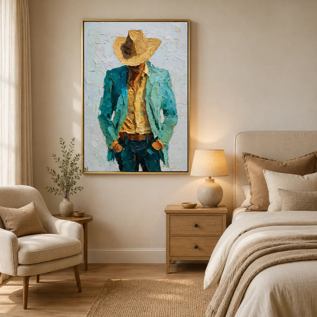 Hand-Painted Cowboy Portrait Oil Painting, Textured Western Wall Art for Modern Rustic Home Decor#OA 0994