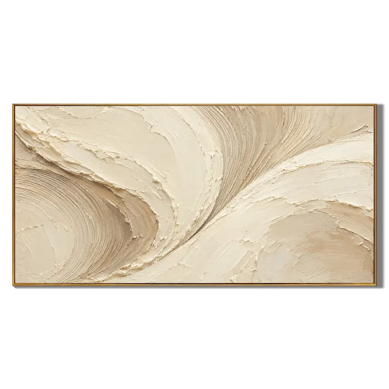 Ownanart Hand-Painted Cream & Beige Abstract Oil Painting – Flowing Curves, Raised Texture & Panoramic Neutral Wall Art #OA 1417