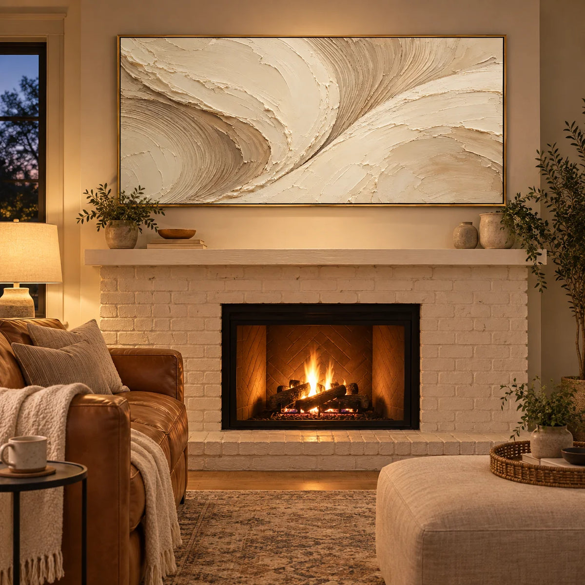 Ownanart Hand-Painted Cream & Beige Abstract Oil Painting – Flowing Curves, Raised Texture & Panoramic Neutral Wall Art