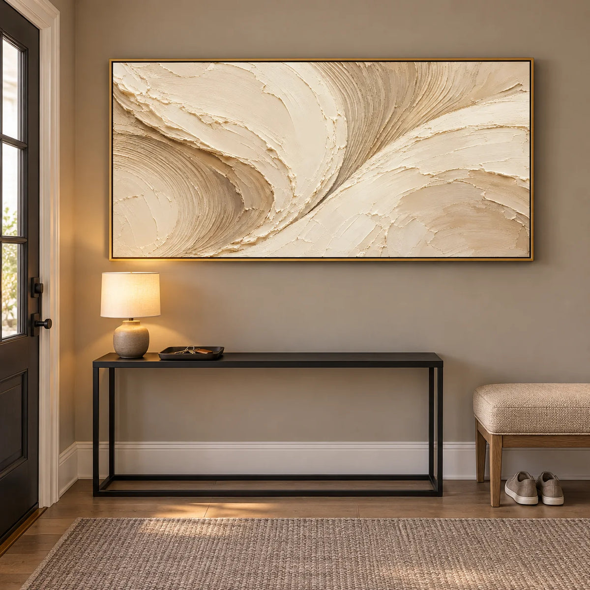 Ownanart Hand-Painted Cream & Beige Abstract Oil Painting – Flowing Curves, Raised Texture & Panoramic Neutral Wall Art