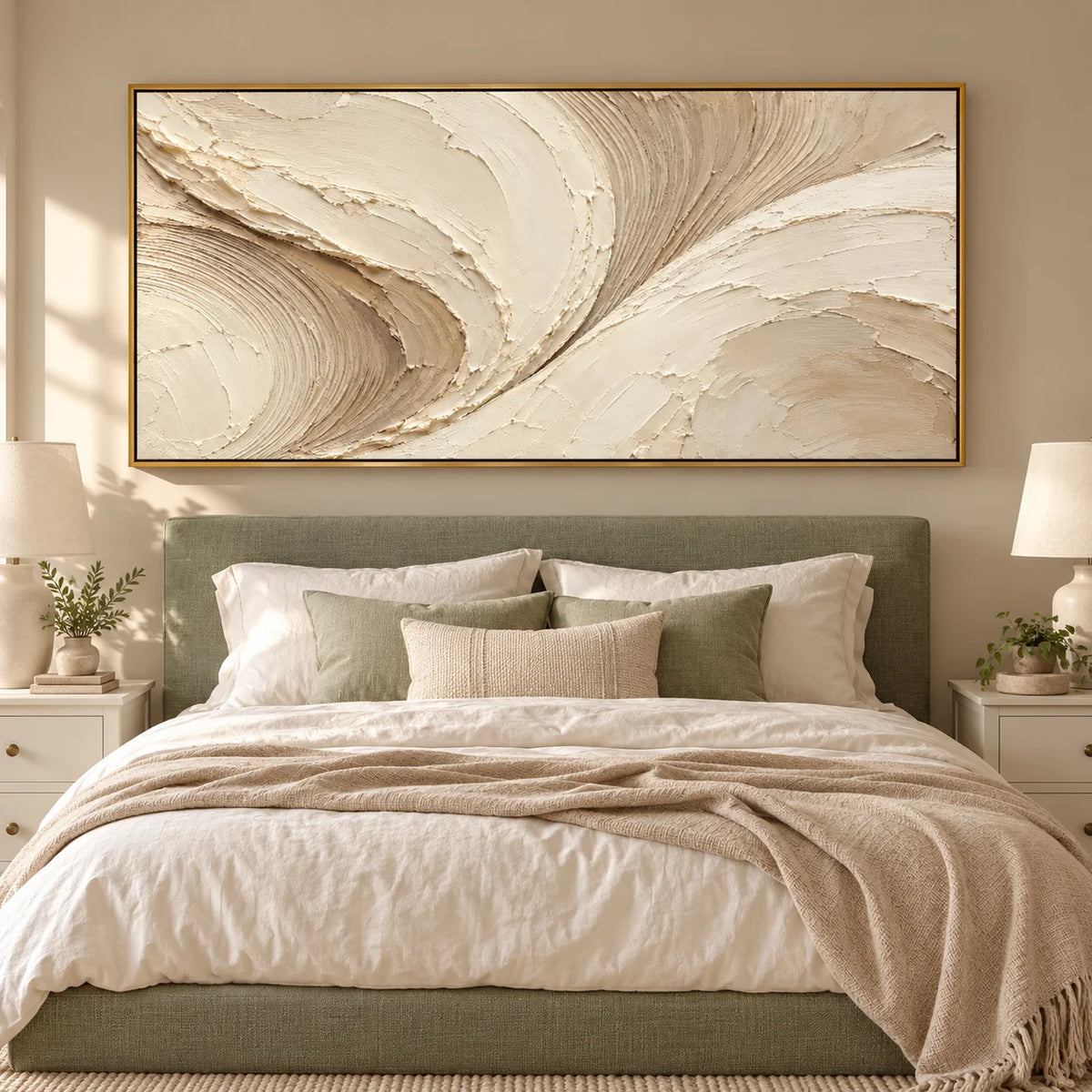 Ownanart Hand-Painted Cream & Beige Abstract Oil Painting – Flowing Curves, Raised Texture & Panoramic Neutral Wall Art
