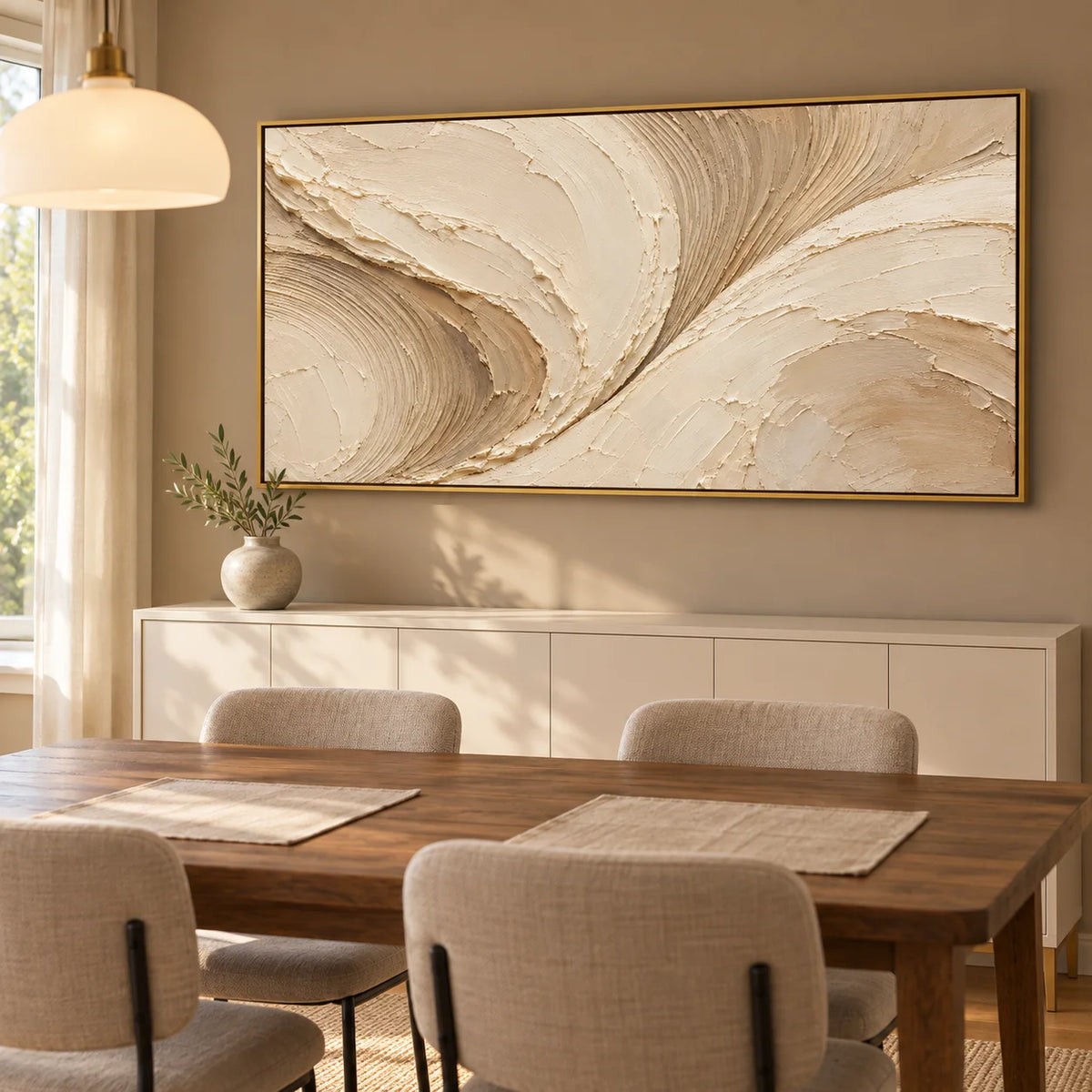 Ownanart Hand-Painted Cream & Beige Abstract Oil Painting – Flowing Curves, Raised Texture & Panoramic Neutral Wall Art