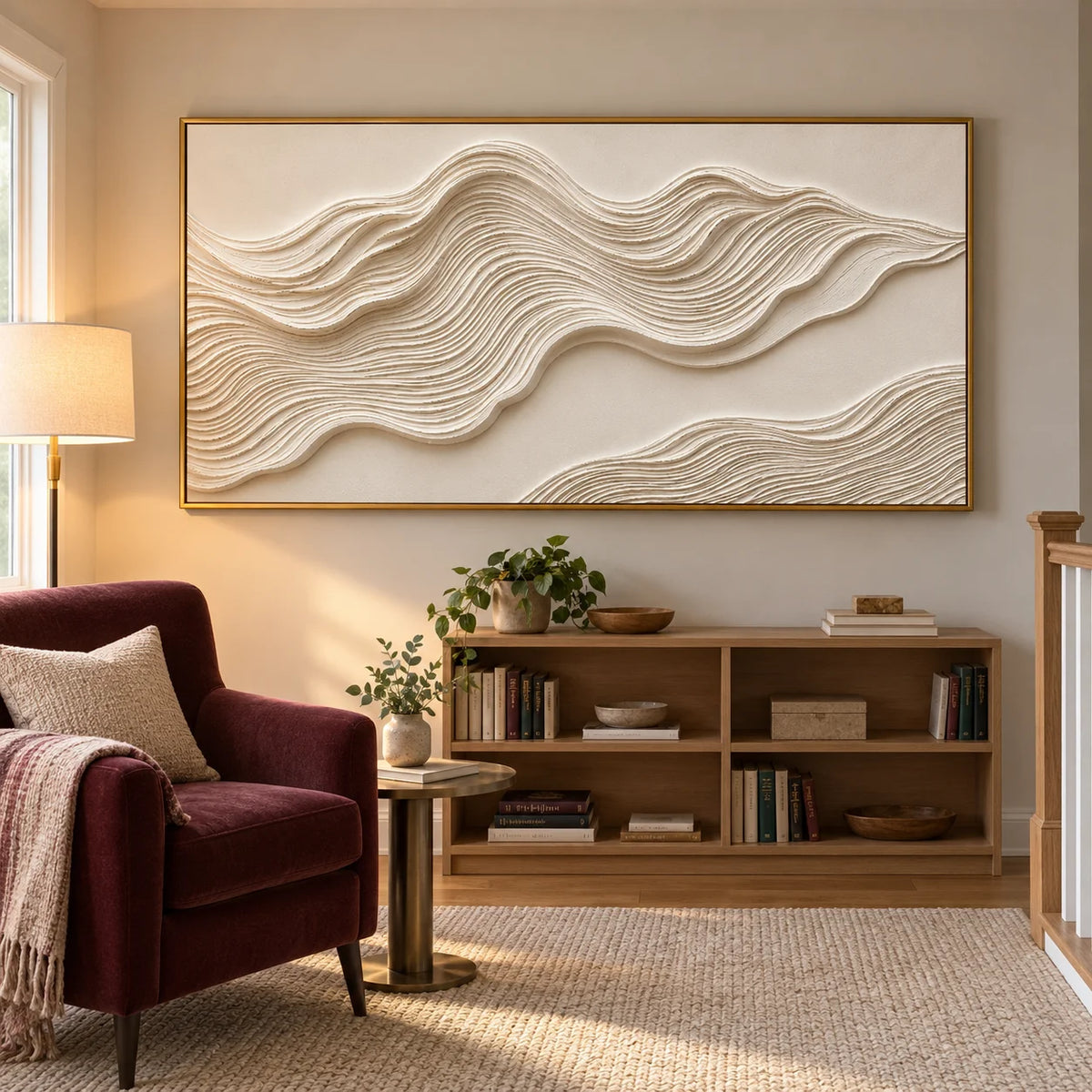 Ownanart Hand-Painted Cream White Abstract Wave Oil Painting – Sculptural Layered Texture, Neutral Horizontal Canvas Wall Art