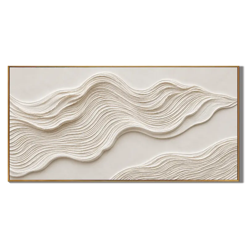 Ownanart Hand-Painted Cream White Abstract Wave Oil Painting – Sculptural Layered Texture, Neutral Horizontal Canvas Wall Art