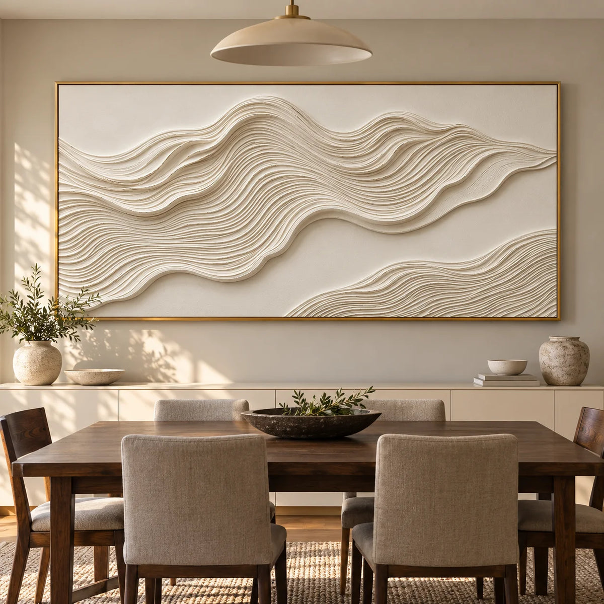 Ownanart Hand-Painted Cream White Abstract Wave Oil Painting – Sculptural Layered Texture, Neutral Horizontal Canvas Wall Art