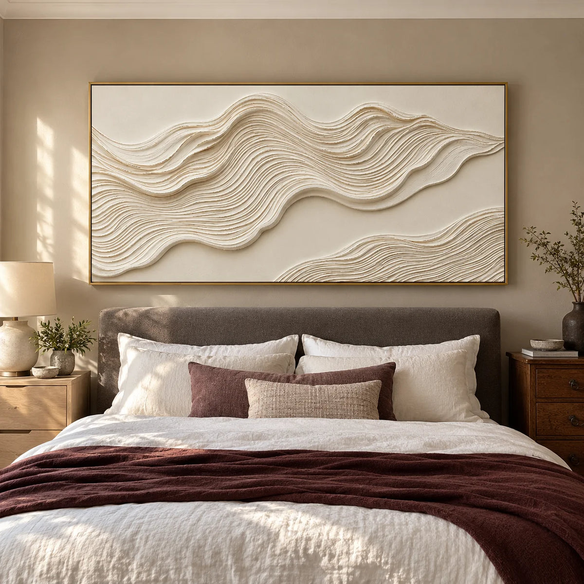 Ownanart Hand-Painted Cream White Abstract Wave Oil Painting – Sculptural Layered Texture, Neutral Horizontal Canvas Wall Art