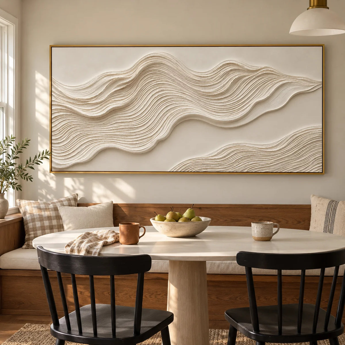 Ownanart Hand-Painted Cream White Abstract Wave Oil Painting – Sculptural Layered Texture, Neutral Horizontal Canvas Wall Art