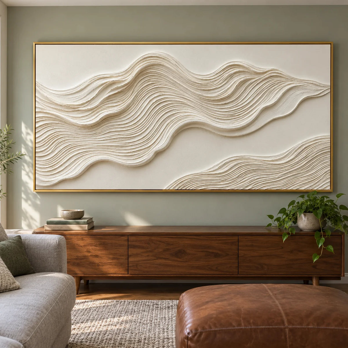 Ownanart Hand-Painted Cream White Abstract Wave Oil Painting – Sculptural Layered Texture, Neutral Horizontal Canvas Wall Art