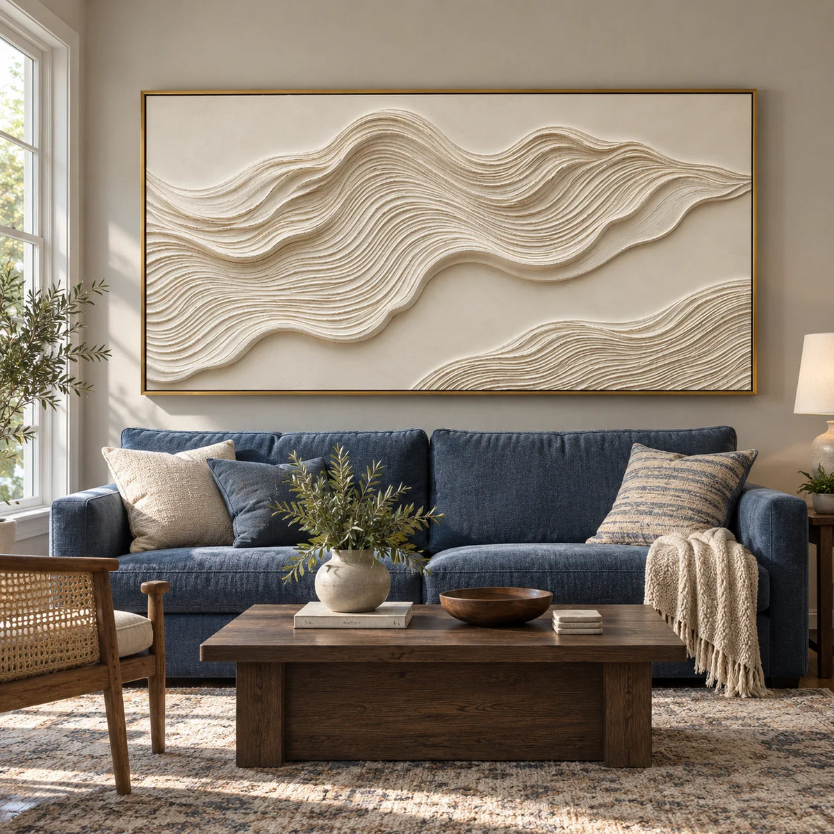 Ownanart Hand-Painted Cream White Abstract Wave Oil Painting – Sculptural Layered Texture, Neutral Horizontal Canvas Wall Art