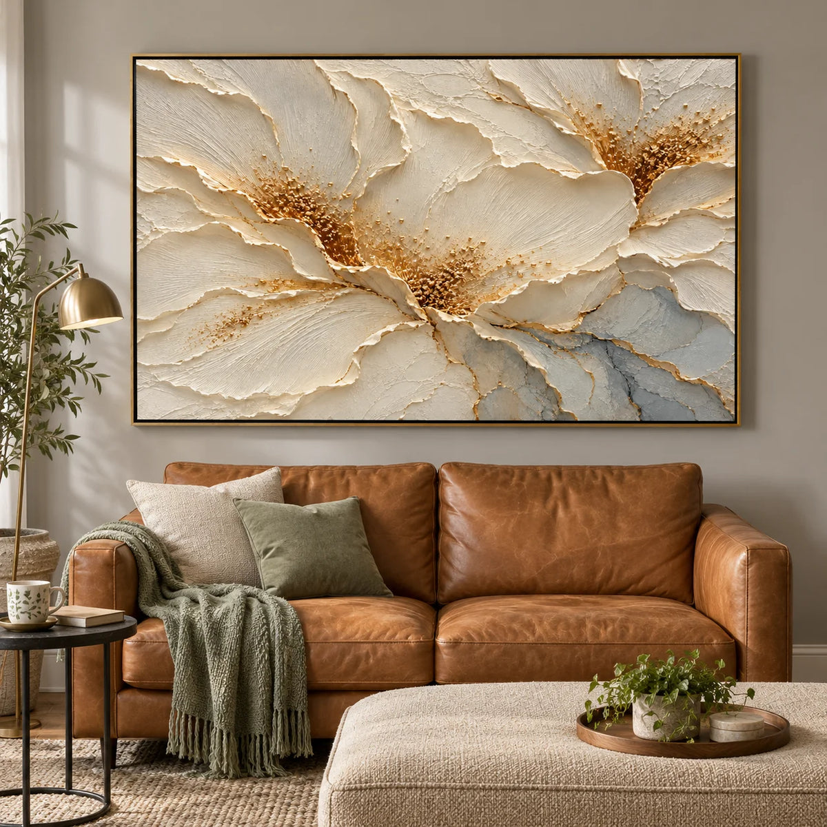 Ownanart Hand-Painted Cream White Floral Oil Painting – Gold Accents and Sculptural Texture Canvas Wall Art