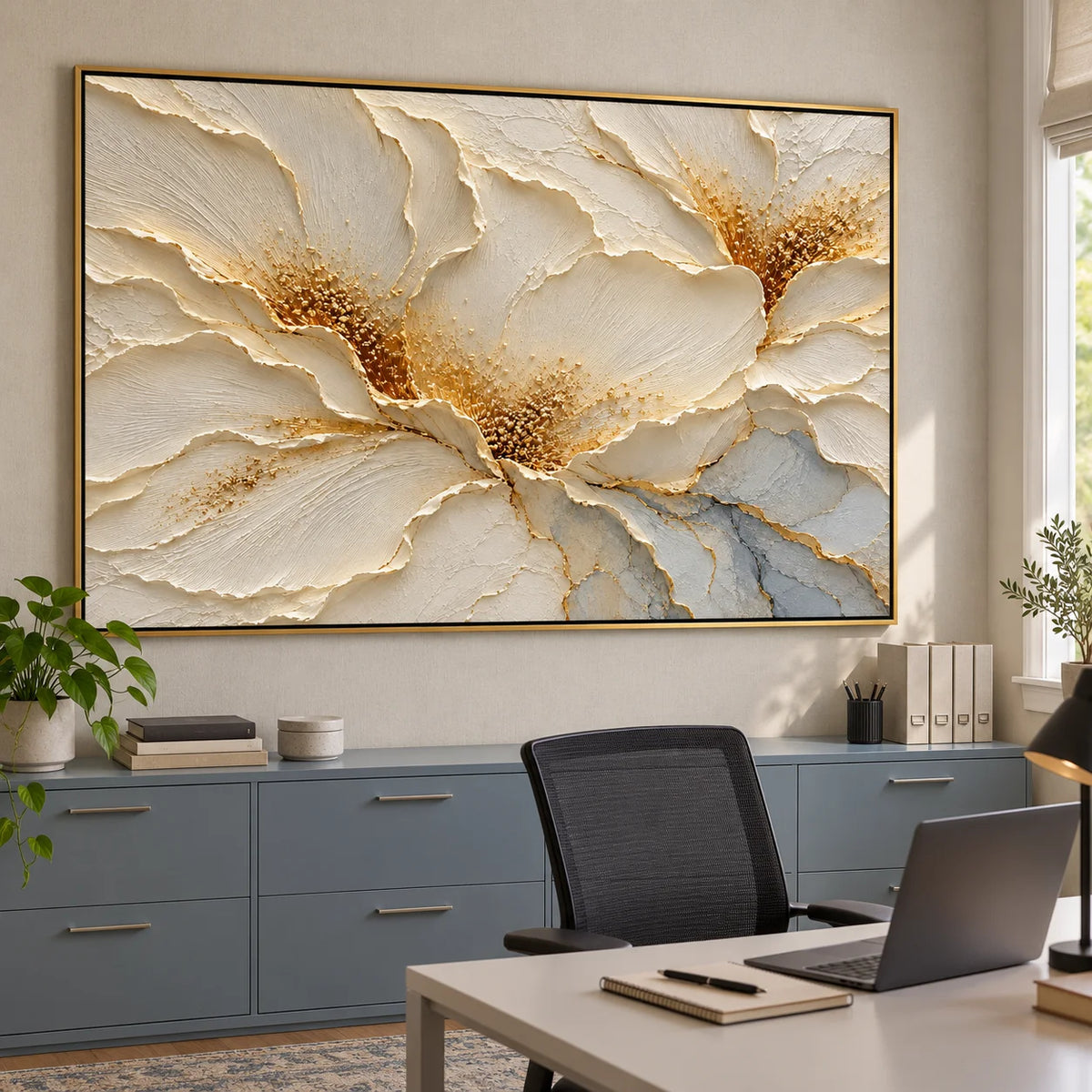 Ownanart Hand-Painted Cream White Floral Oil Painting – Gold Accents and Sculptural Texture Canvas Wall Art