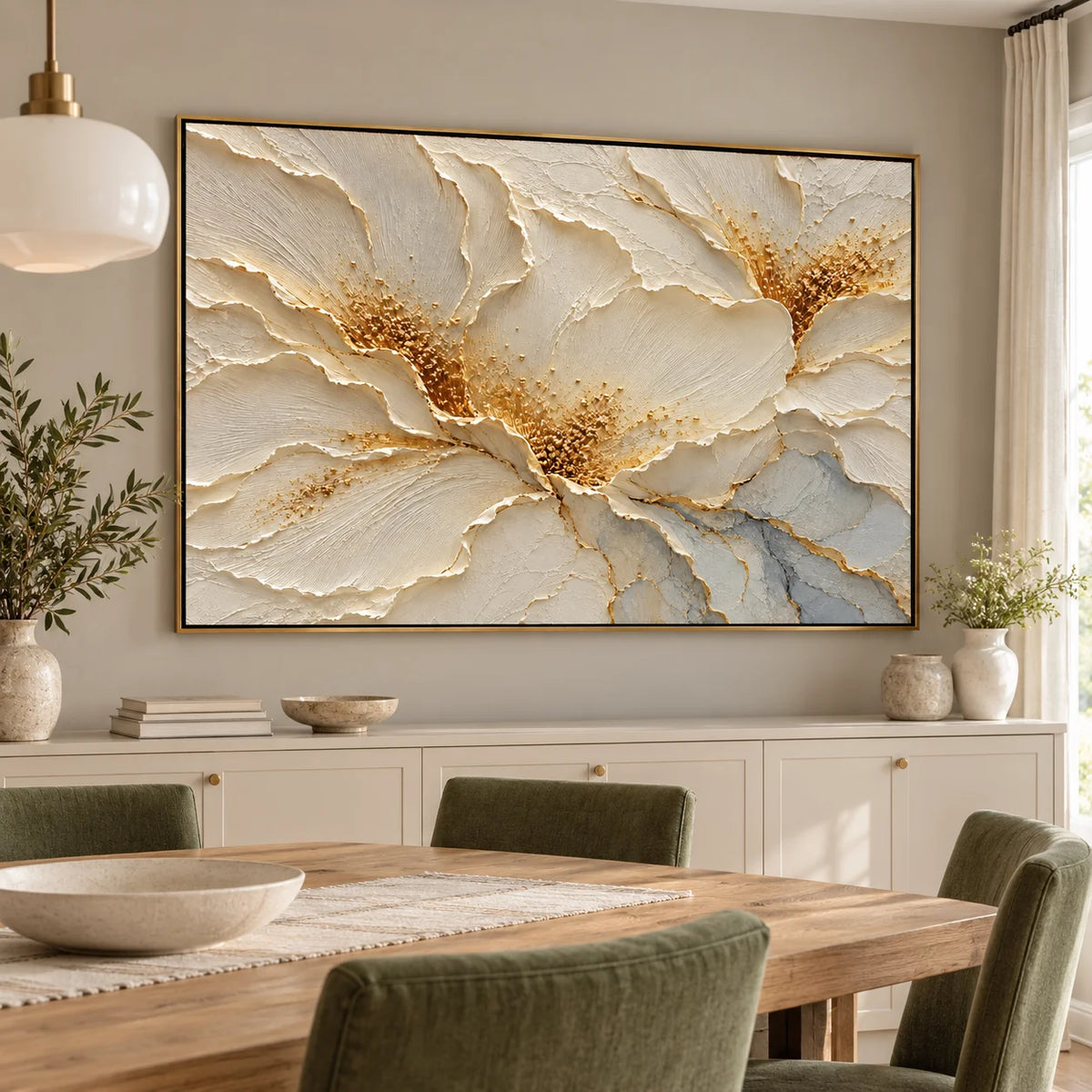 Ownanart Hand-Painted Cream White Floral Oil Painting – Gold Accents and Sculptural Texture Canvas Wall Art
