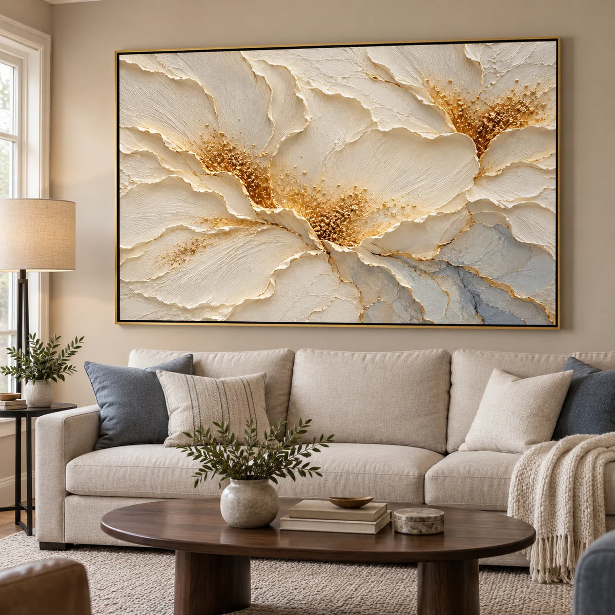 Ownanart Hand-Painted Cream White Floral Oil Painting – Gold Accents and Sculptural Texture Canvas Wall Art