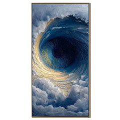 Ownanart Hand-Painted Deep Blue & Gold Eye of the Ocean Oil Painting | Modern Abstract Giant Wave Vortex & Cloud Textured Seascape Wall Art for Living Room, Bedroom and Entryway # OA 1343