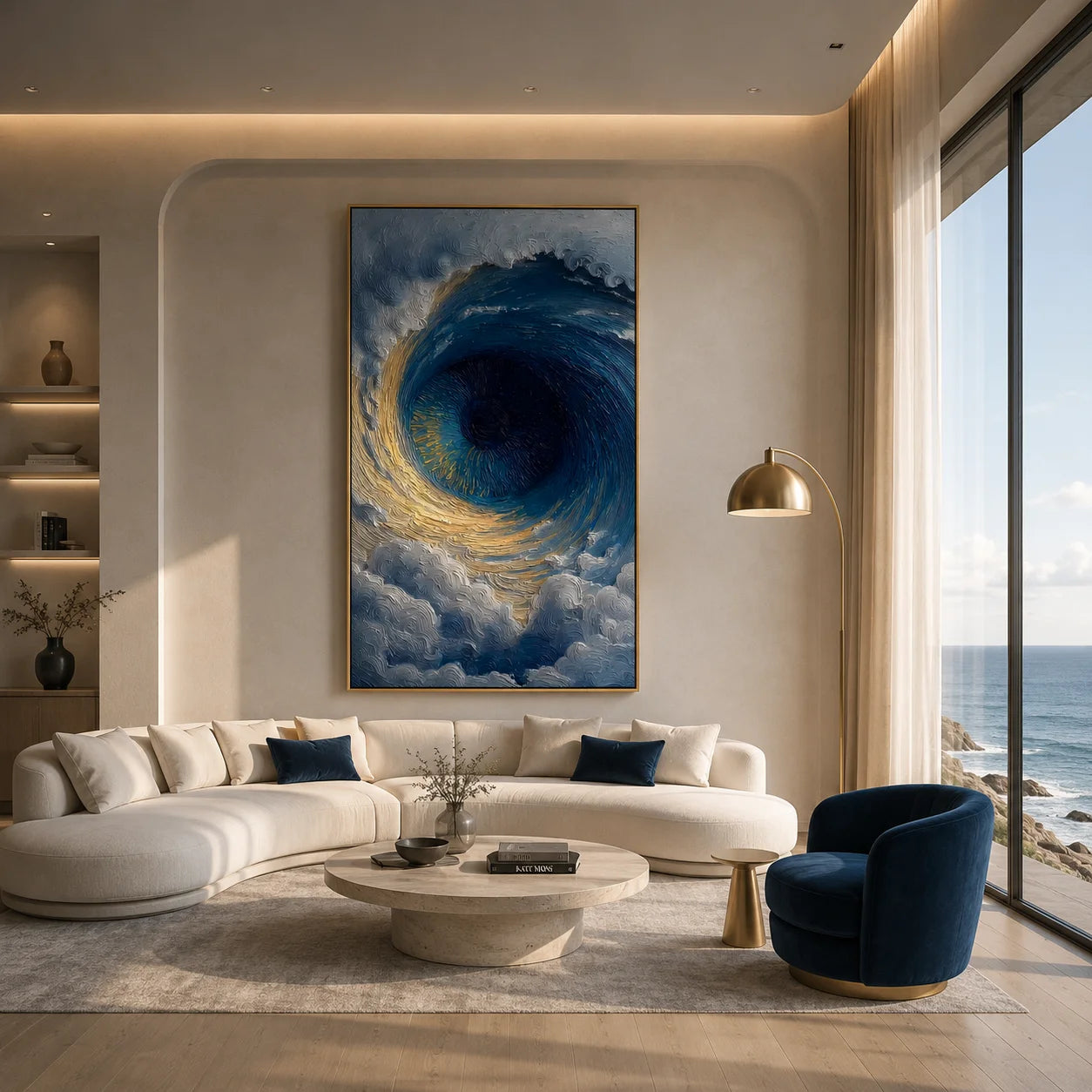 Ownanart Hand-Painted Deep Blue & Gold Eye of the Ocean Oil Painting | Modern Abstract Giant Wave Vortex & Cloud Textured Seascape Wall Art for Living Room, Bedroom and Entryway # OA 1343