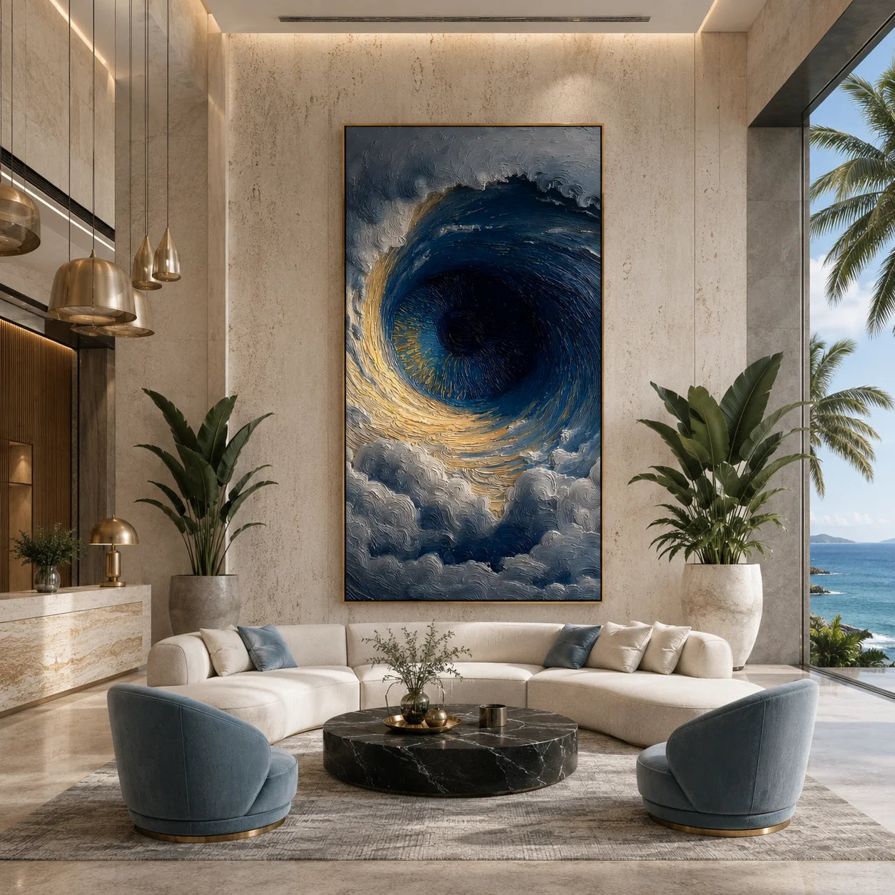 Ownanart Hand-Painted Deep Blue & Gold Eye of the Ocean Oil Painting | Modern Abstract Giant Wave Vortex & Cloud Textured Seascape Wall Art for Living Room, Bedroom and Entryway # OA 1343