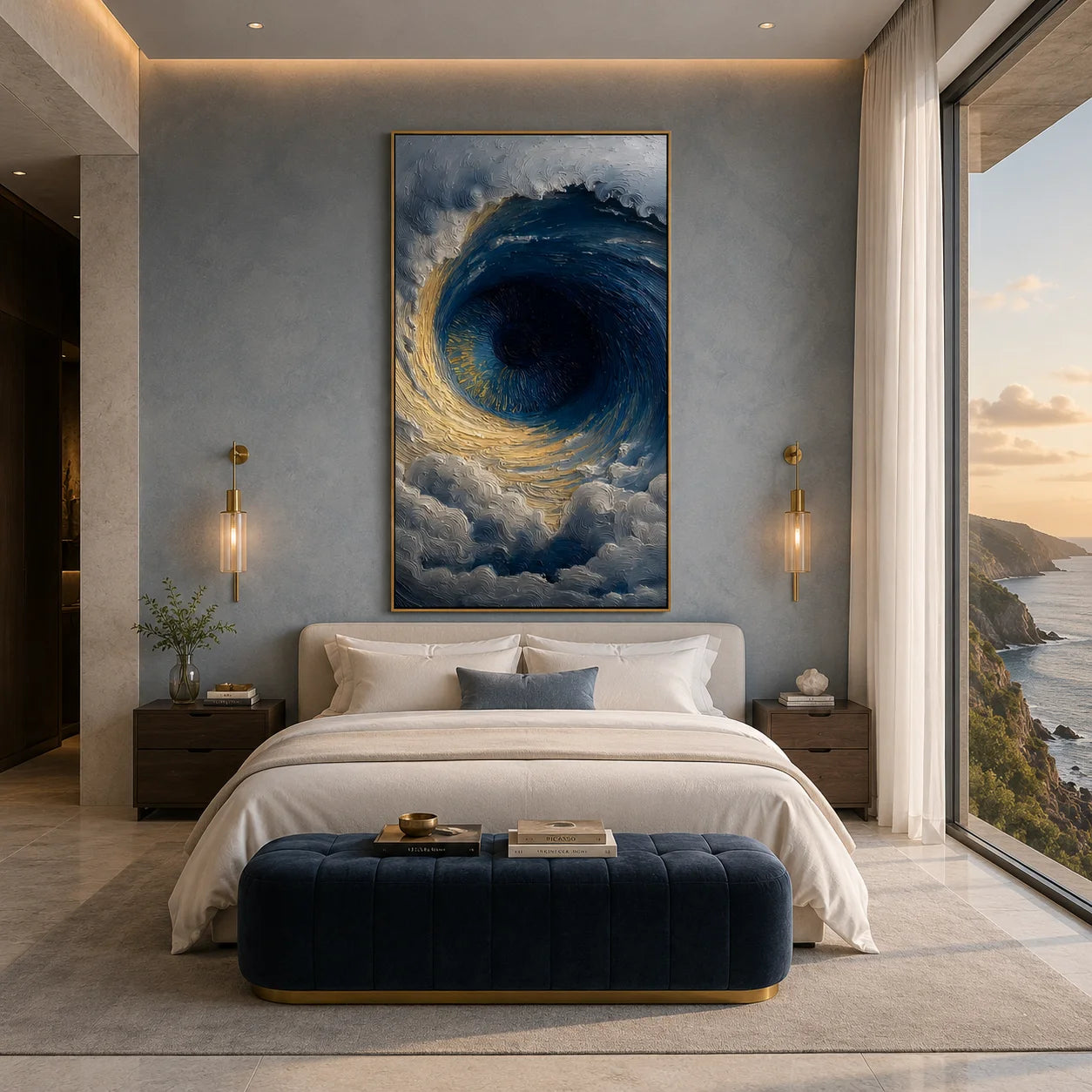 Ownanart Hand-Painted Deep Blue & Gold Eye of the Ocean Oil Painting | Modern Abstract Giant Wave Vortex & Cloud Textured Seascape Wall Art for Living Room, Bedroom and Entryway # OA 1343