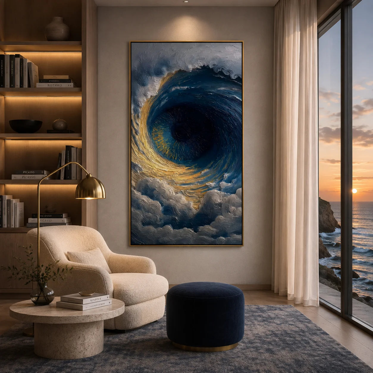 Ownanart Hand-Painted Deep Blue & Gold Eye of the Ocean Oil Painting | Modern Abstract Giant Wave Vortex & Cloud Textured Seascape Wall Art for Living Room, Bedroom and Entryway # OA 1343