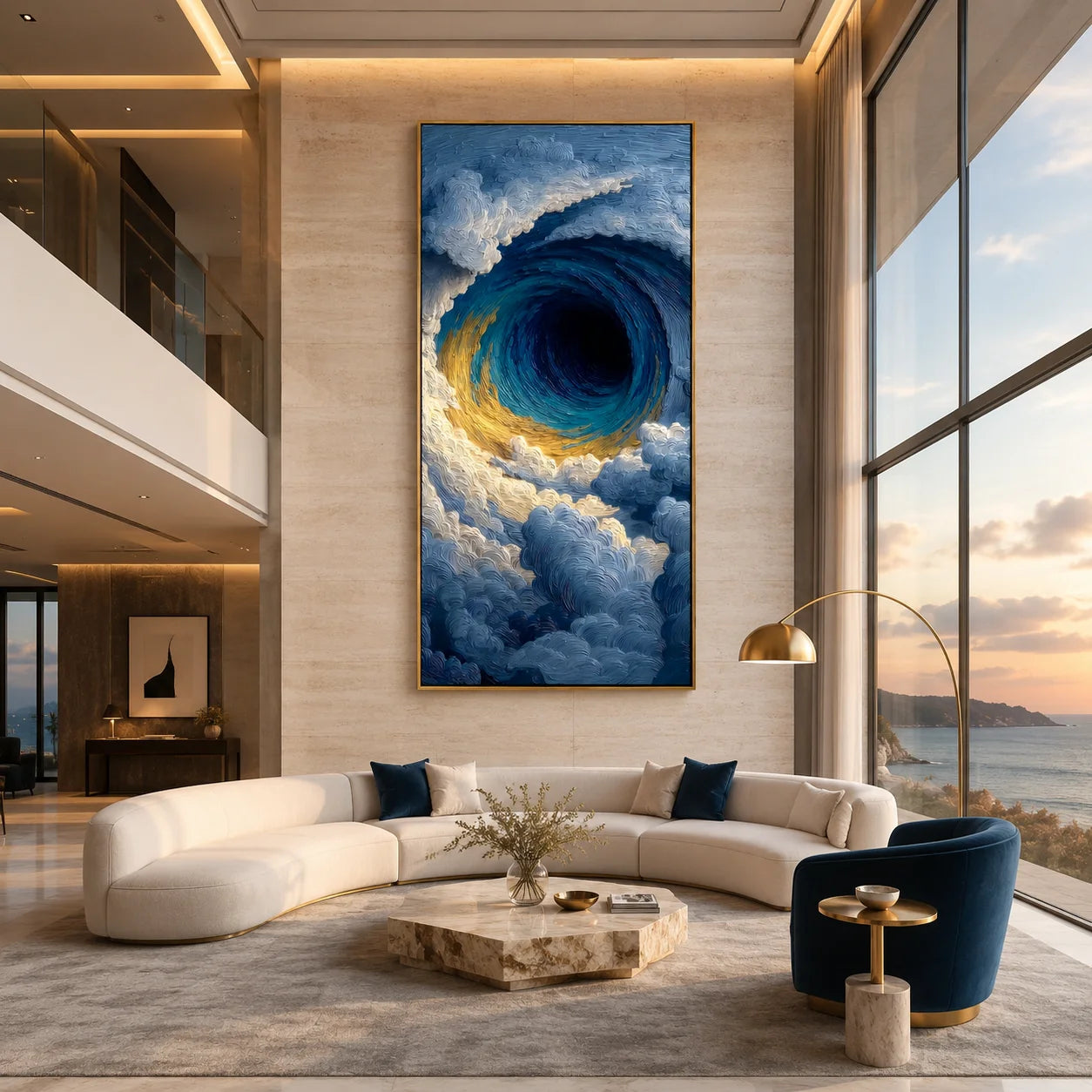 Ownanart Hand-Painted Deep Blue & Gold Eye of the Ocean Vortex Oil Painting | Modern Abstract Giant Wave, Storm Clouds & Textured Seascape Wall Art for Living Room, Bedroom and Entryway # OA 1347