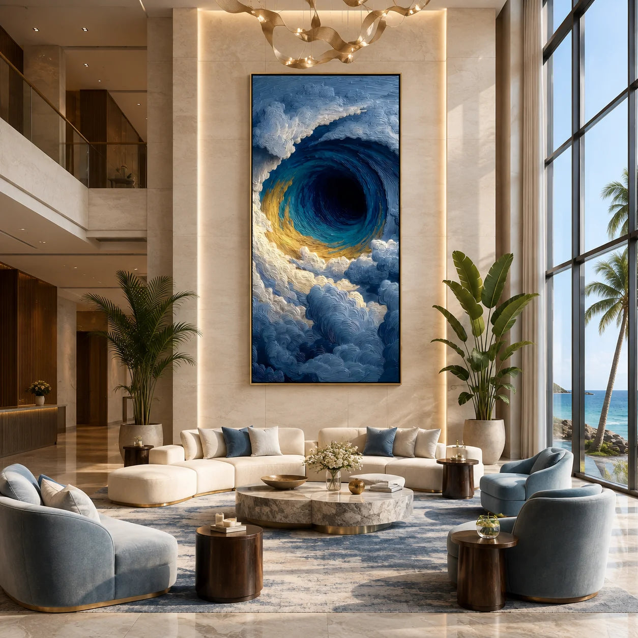 Ownanart Hand-Painted Deep Blue & Gold Eye of the Ocean Vortex Oil Painting | Modern Abstract Giant Wave, Storm Clouds & Textured Seascape Wall Art for Living Room, Bedroom and Entryway # OA 1347