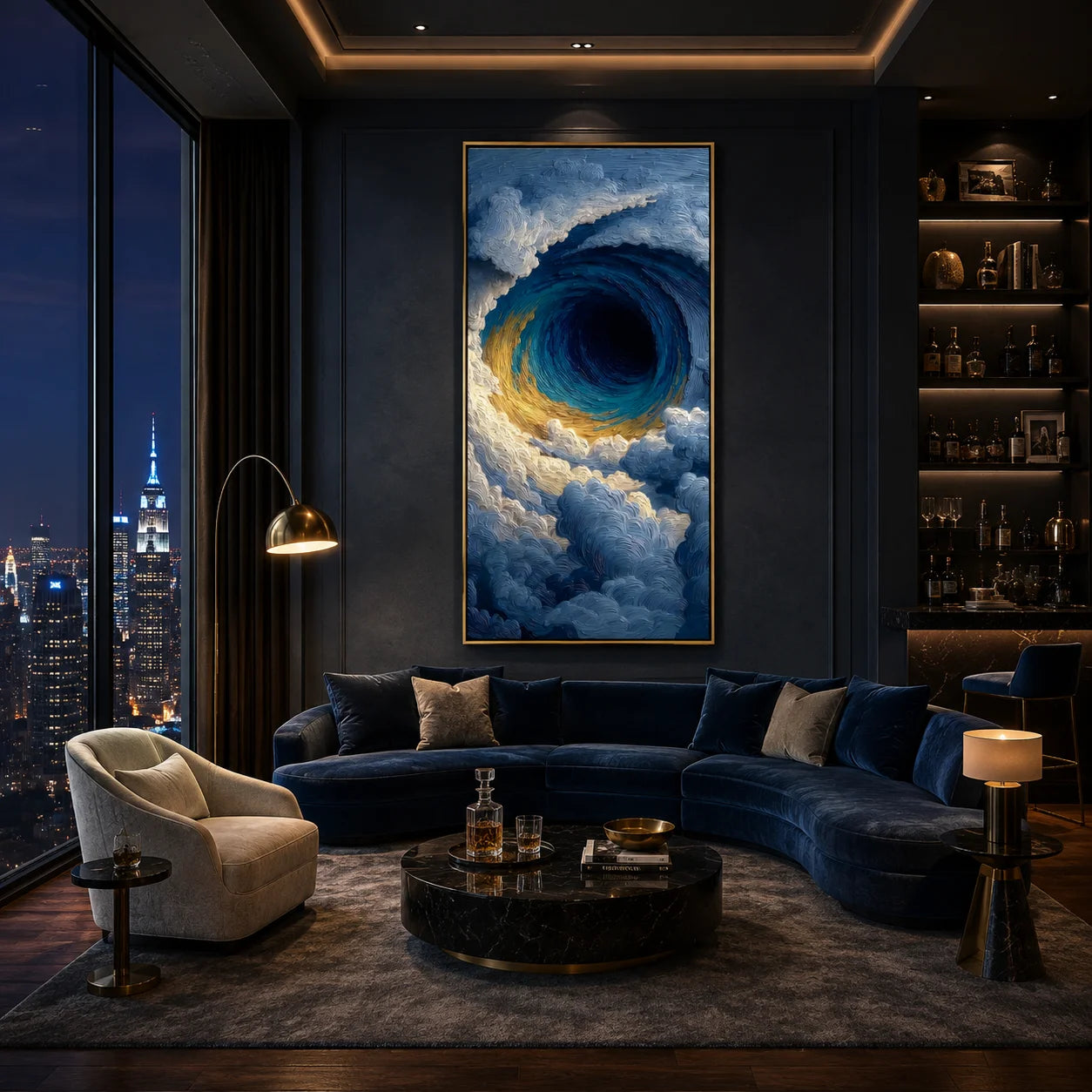 Ownanart Hand-Painted Deep Blue & Gold Eye of the Ocean Vortex Oil Painting | Modern Abstract Giant Wave, Storm Clouds & Textured Seascape Wall Art for Living Room, Bedroom and Entryway # OA 1347