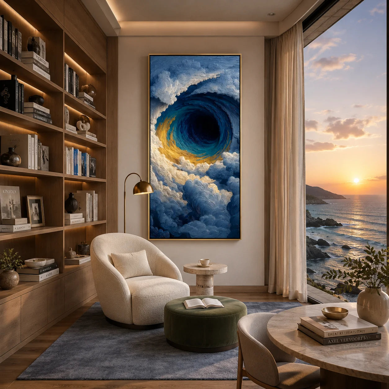 Ownanart Hand-Painted Deep Blue & Gold Eye of the Ocean Vortex Oil Painting | Modern Abstract Giant Wave, Storm Clouds & Textured Seascape Wall Art for Living Room, Bedroom and Entryway # OA 1347