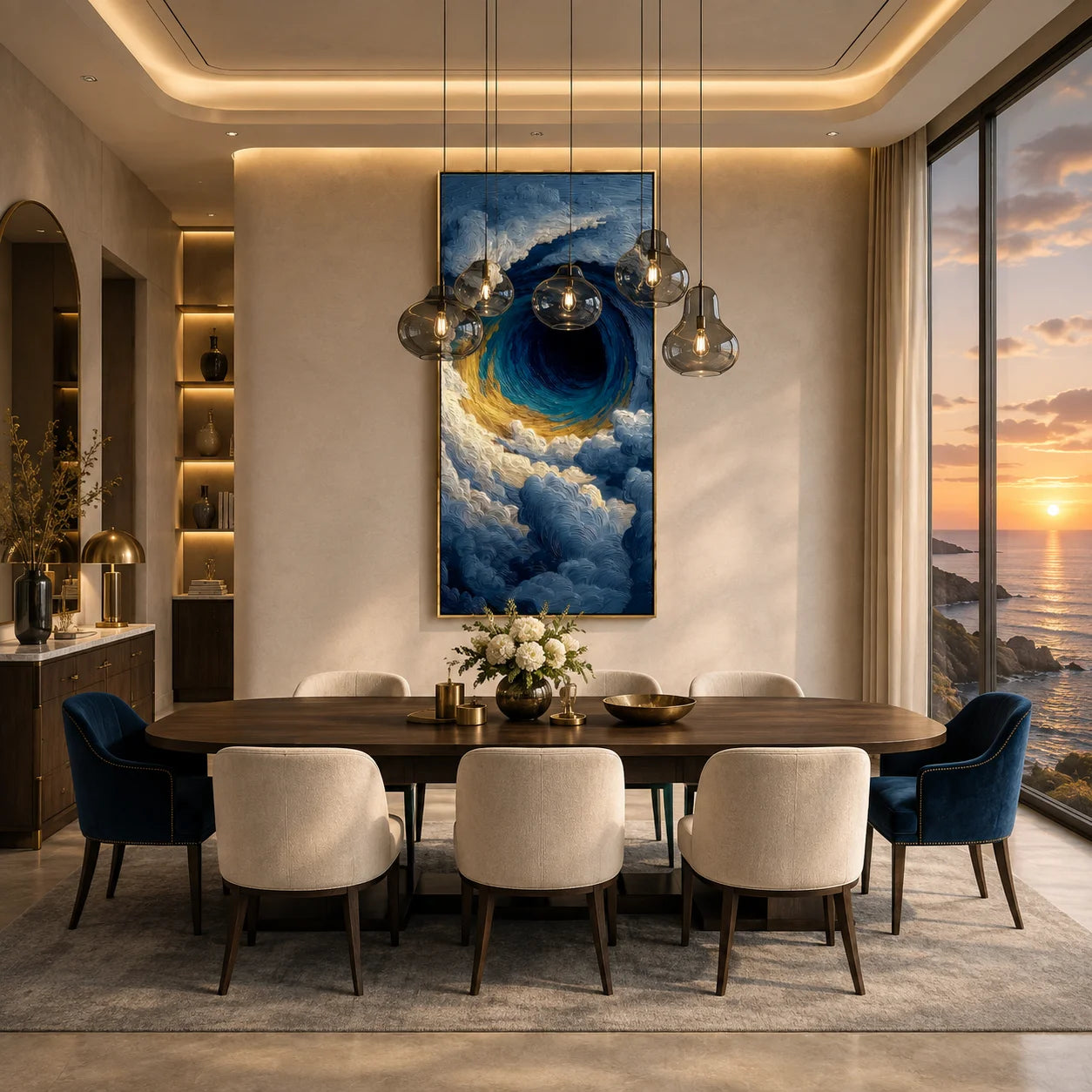 Ownanart Hand-Painted Deep Blue & Gold Eye of the Ocean Vortex Oil Painting | Modern Abstract Giant Wave, Storm Clouds & Textured Seascape Wall Art for Living Room, Bedroom and Entryway # OA 1347