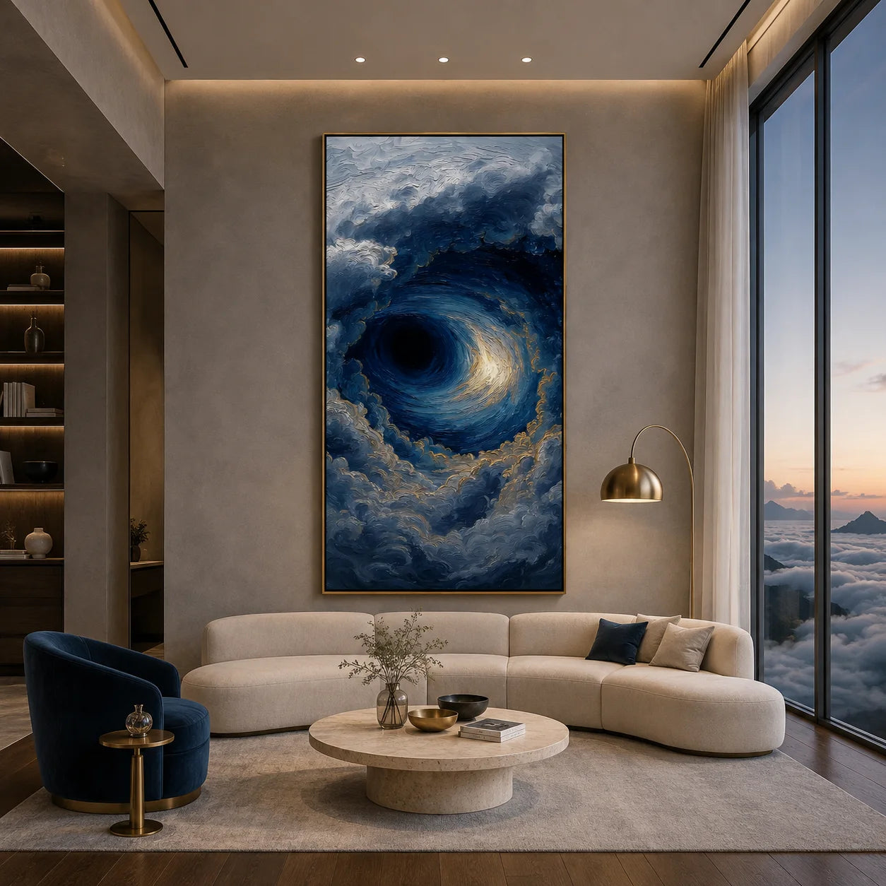 Ownanart Hand-Painted Deep Blue & Gold Ocean Storm Vortex Oil Painting | Modern Abstract Giant Wave, Swirling Clouds & Textured Seascape Wall Art for Living Room and Bedroom # OA 1344