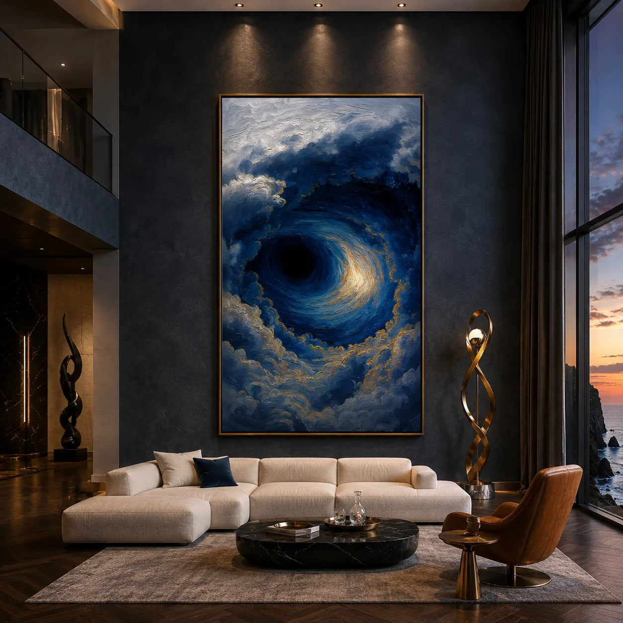 Ownanart Hand-Painted Deep Blue & Gold Ocean Storm Vortex Oil Painting | Modern Abstract Giant Wave, Swirling Clouds & Textured Seascape Wall Art for Living Room and Bedroom # OA 1344