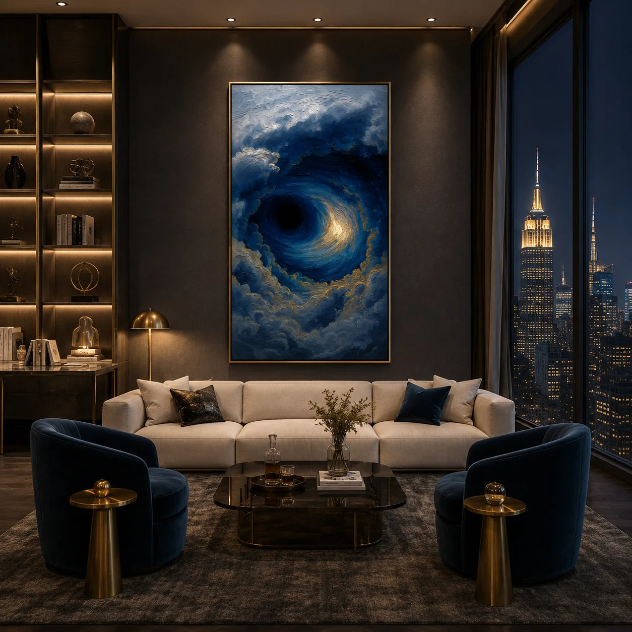 Ownanart Hand-Painted Deep Blue & Gold Ocean Storm Vortex Oil Painting | Modern Abstract Giant Wave, Swirling Clouds & Textured Seascape Wall Art for Living Room and Bedroom # OA 1344