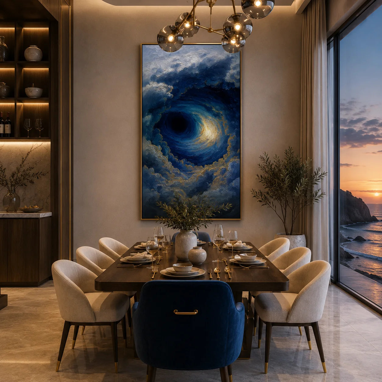 Ownanart Hand-Painted Deep Blue & Gold Ocean Storm Vortex Oil Painting | Modern Abstract Giant Wave, Swirling Clouds & Textured Seascape Wall Art for Living Room and Bedroom # OA 1344