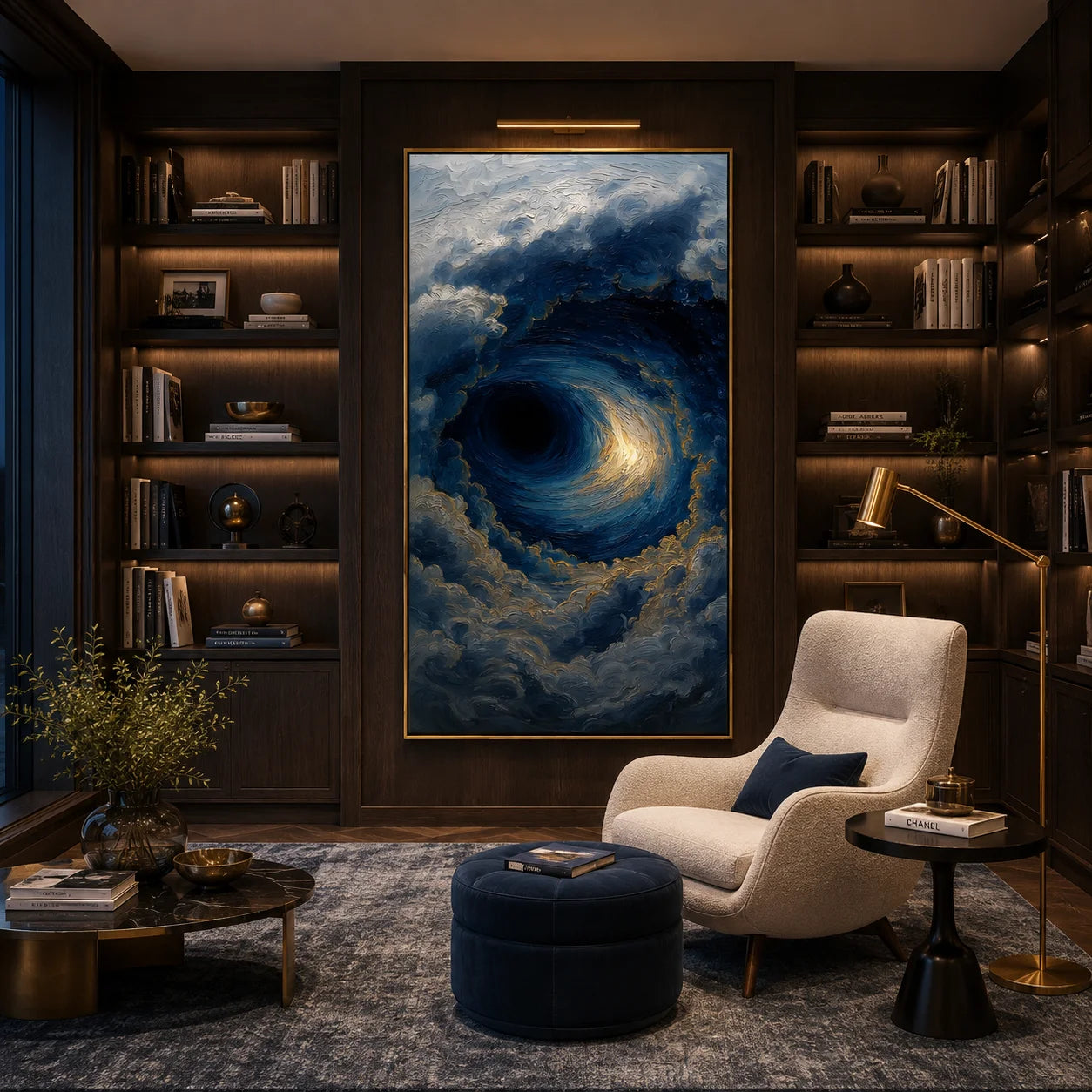 Ownanart Hand-Painted Deep Blue & Gold Ocean Storm Vortex Oil Painting | Modern Abstract Giant Wave, Swirling Clouds & Textured Seascape Wall Art for Living Room and Bedroom # OA 1344